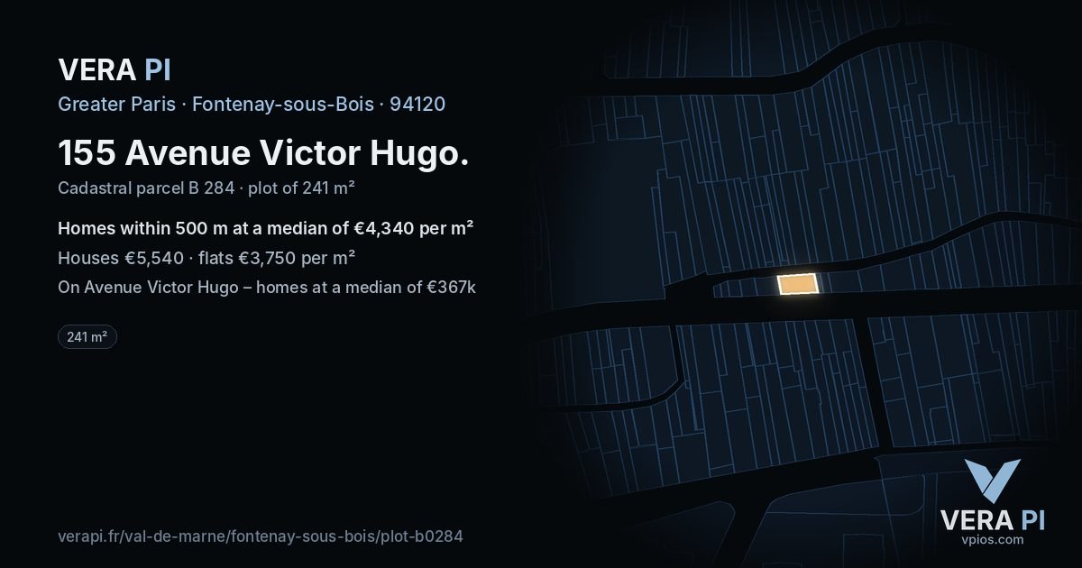 155 Avenue Victor Hugo, Fontenay-sous-Bois at night – the plot lit, the parcels around coloured by the prices near them