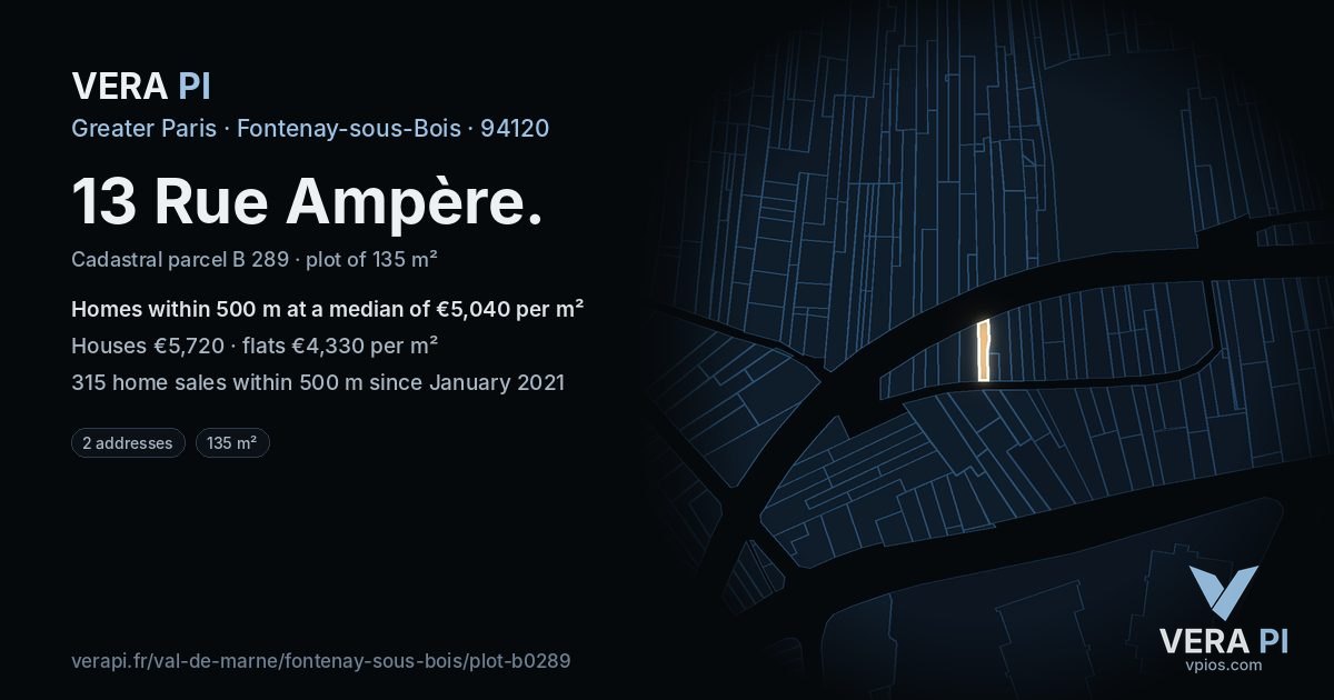 13 Rue Ampère, Fontenay-sous-Bois at night – the plot lit, the parcels around coloured by the prices near them