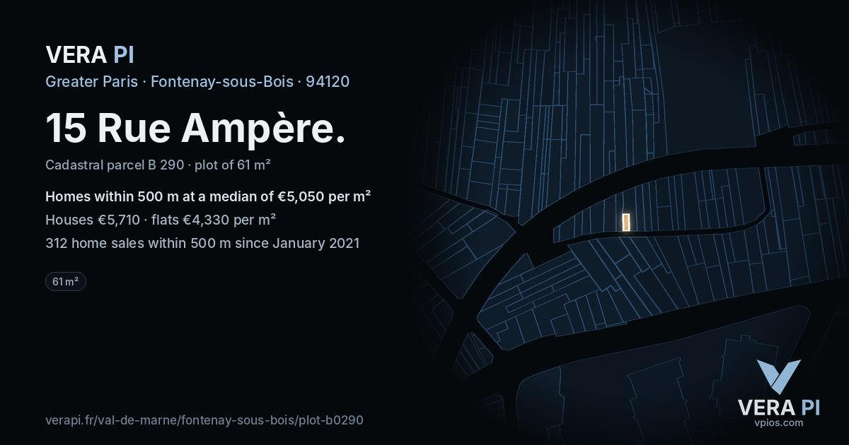 15 Rue Ampère, Fontenay-sous-Bois at night – the plot lit, the parcels around coloured by the prices near them