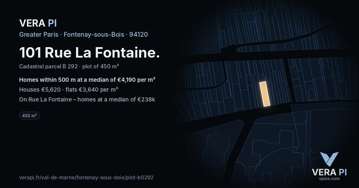 101 Rue La Fontaine, Fontenay-sous-Bois at night – the plot lit, the parcels around coloured by the prices near them