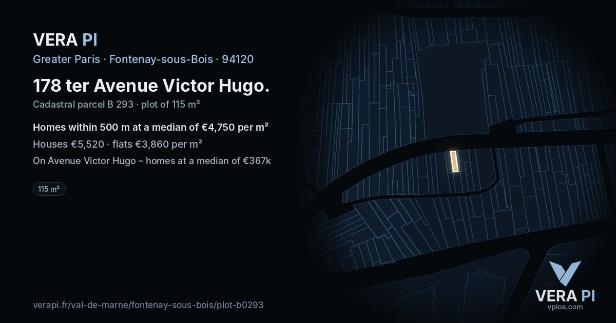 178 ter Avenue Victor Hugo, Fontenay-sous-Bois at night – the plot lit, the parcels around coloured by the prices near them