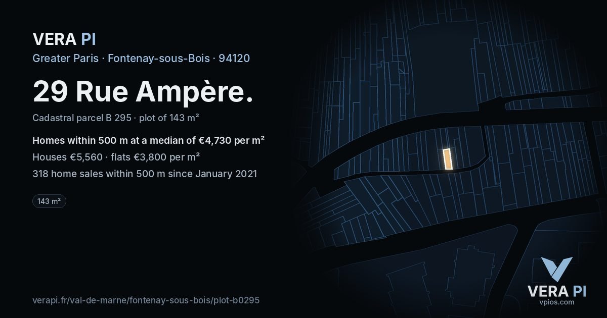 29 Rue Ampère, Fontenay-sous-Bois at night – the plot lit, the parcels around coloured by the prices near them