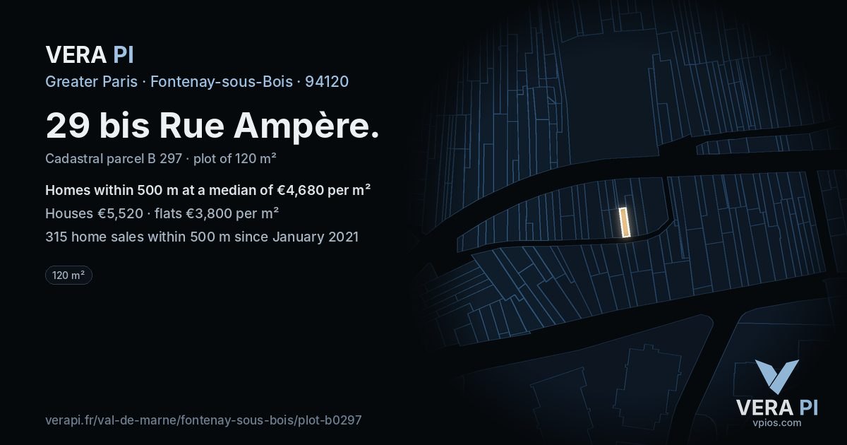 29 bis Rue Ampère, Fontenay-sous-Bois at night – the plot lit, the parcels around coloured by the prices near them
