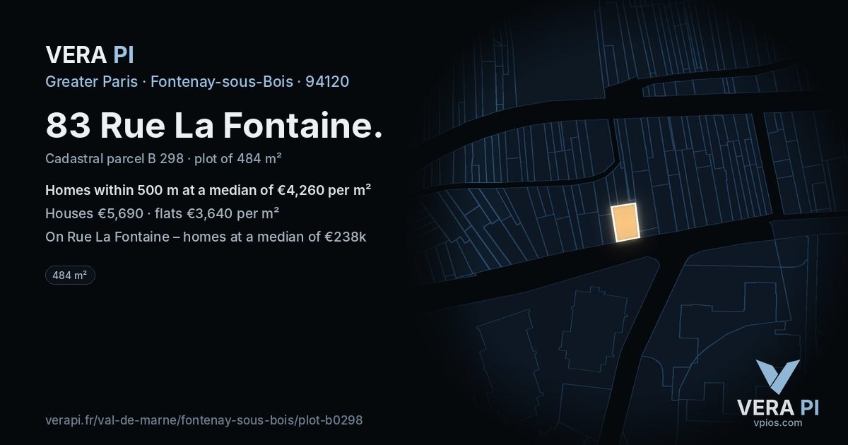83 Rue La Fontaine, Fontenay-sous-Bois at night – the plot lit, the parcels around coloured by the prices near them
