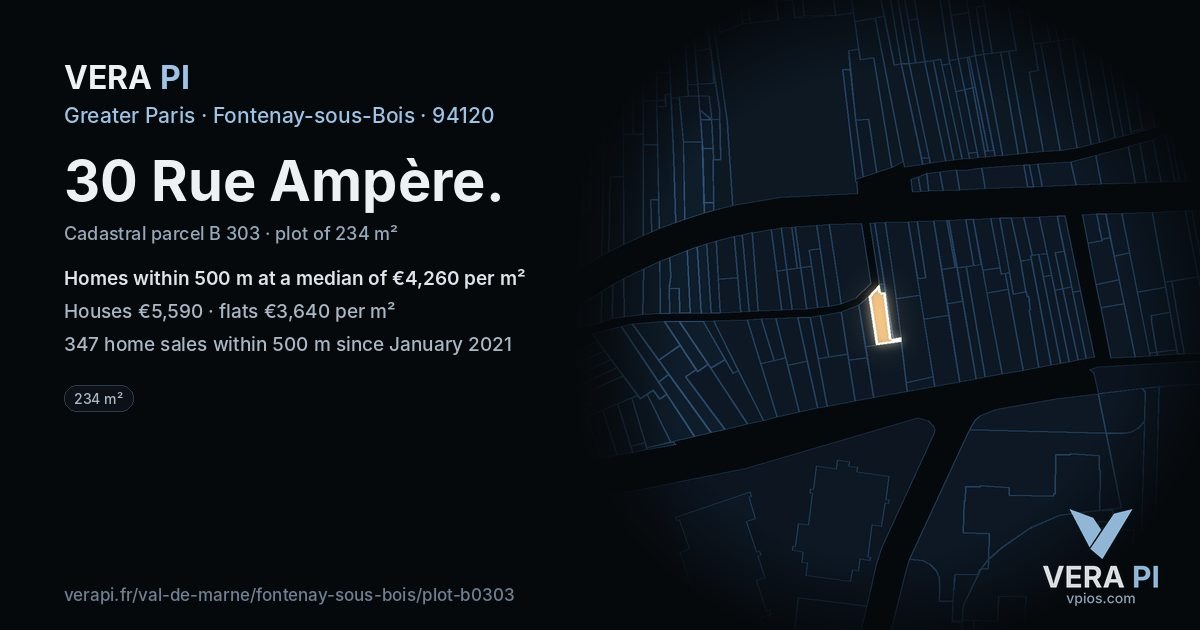 30 Rue Ampère, Fontenay-sous-Bois at night – the plot lit, the parcels around coloured by the prices near them