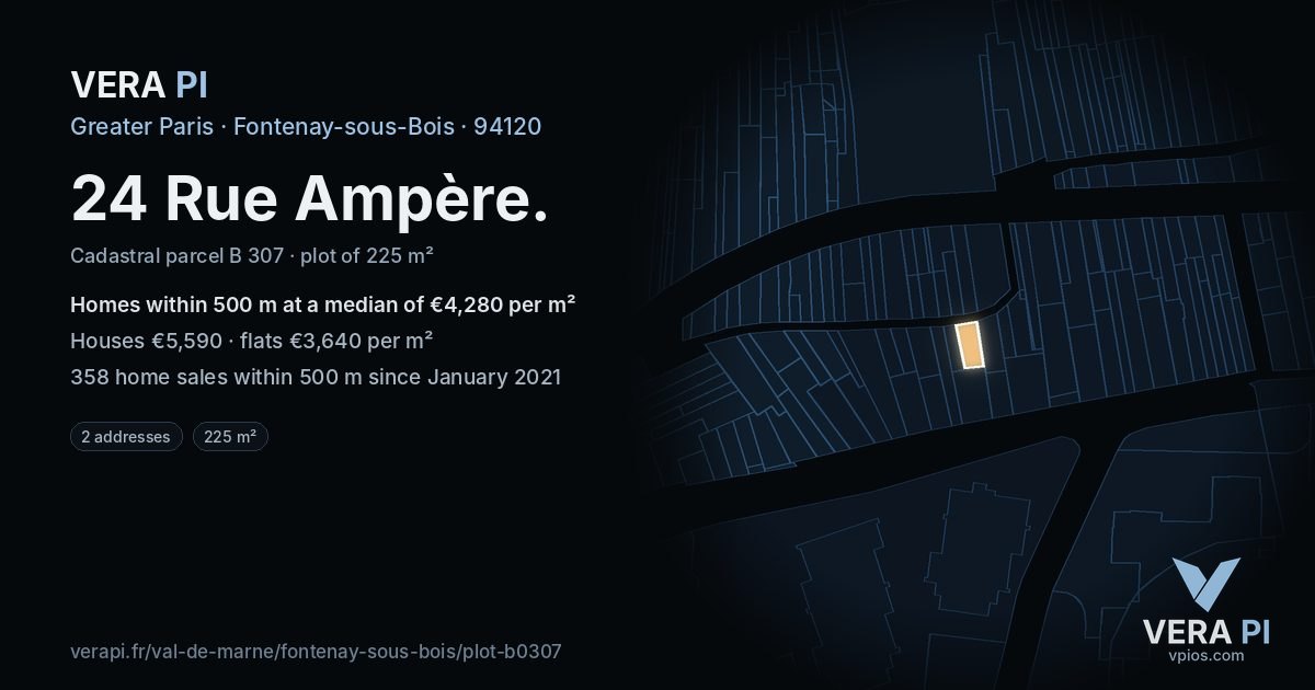24 Rue Ampère, Fontenay-sous-Bois at night – the plot lit, the parcels around coloured by the prices near them