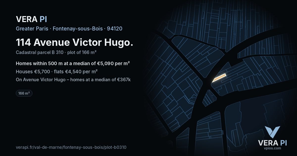 114 Avenue Victor Hugo, Fontenay-sous-Bois at night – the plot lit, the parcels around coloured by the prices near them