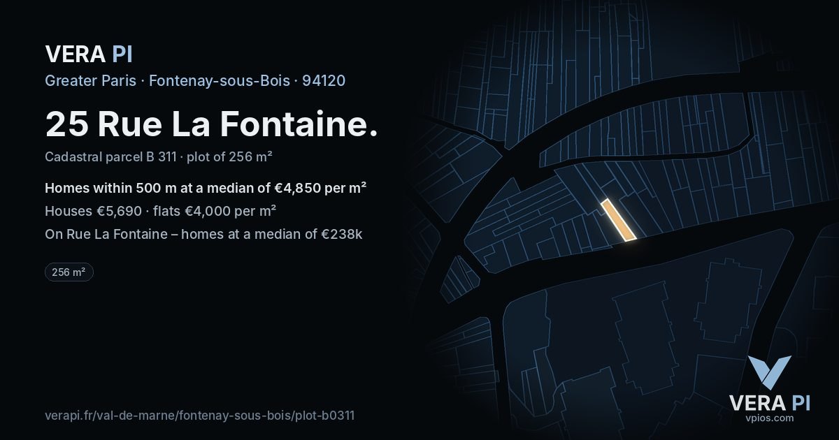 25 Rue La Fontaine, Fontenay-sous-Bois at night – the plot lit, the parcels around coloured by the prices near them
