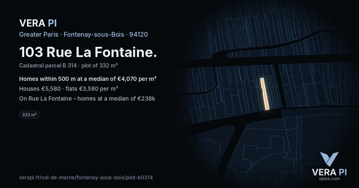 103 Rue La Fontaine, Fontenay-sous-Bois at night – the plot lit, the parcels around coloured by the prices near them