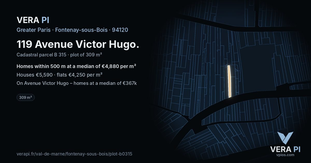 119 Avenue Victor Hugo, Fontenay-sous-Bois at night – the plot lit, the parcels around coloured by the prices near them