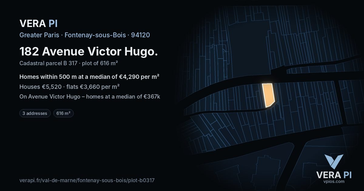 182 Avenue Victor Hugo, Fontenay-sous-Bois at night – the plot lit, the parcels around coloured by the prices near them