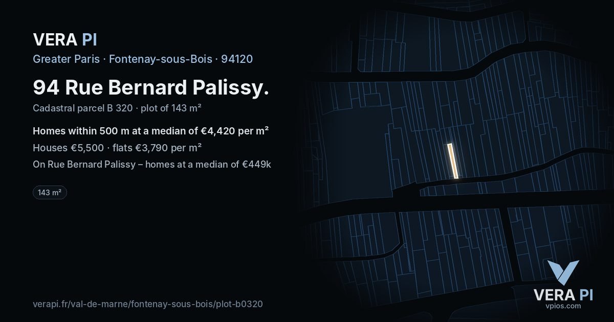 94 Rue Bernard Palissy, Fontenay-sous-Bois at night – the plot lit, the parcels around coloured by the prices near them