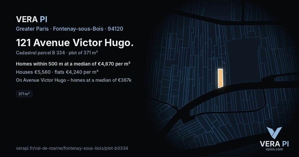 121 Avenue Victor Hugo, Fontenay-sous-Bois at night – the plot lit, the parcels around coloured by the prices near them