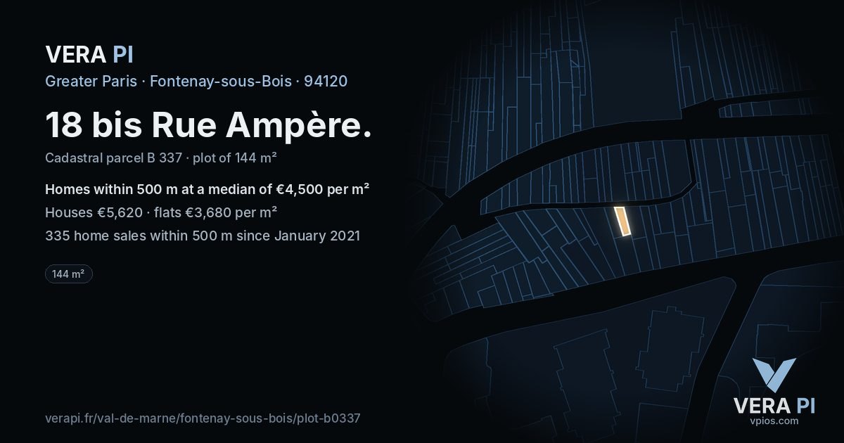 18 bis Rue Ampère, Fontenay-sous-Bois at night – the plot lit, the parcels around coloured by the prices near them