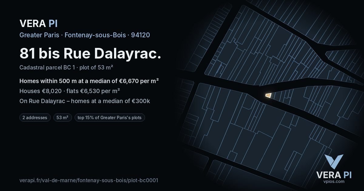 81 bis Rue Dalayrac, Fontenay-sous-Bois at night – the plot lit, the parcels around coloured by the prices near them
