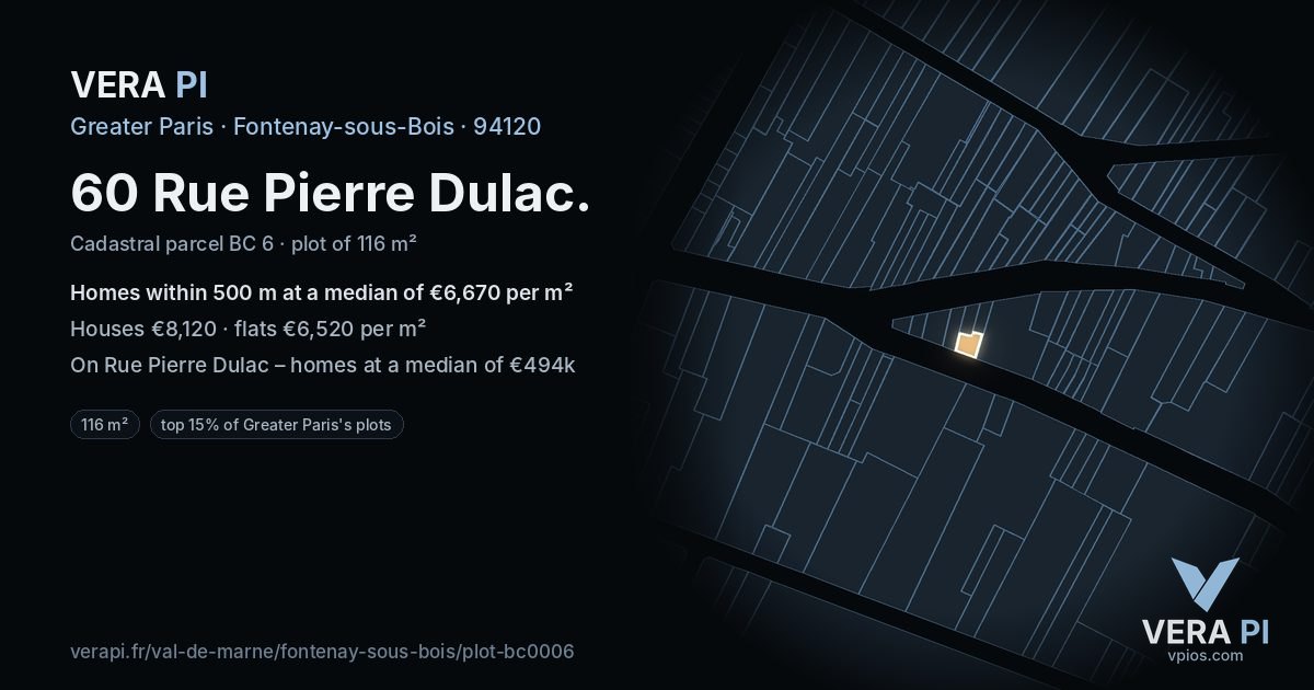 60 Rue Pierre Dulac, Fontenay-sous-Bois at night – the plot lit, the parcels around coloured by the prices near them
