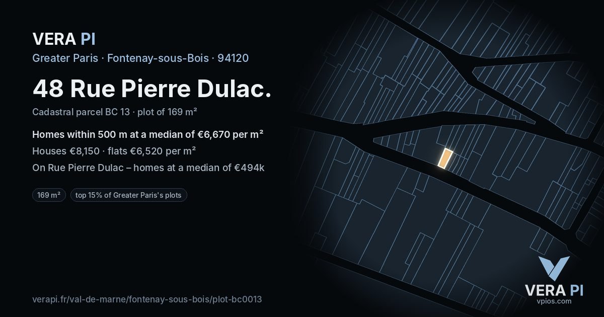 48 Rue Pierre Dulac, Fontenay-sous-Bois at night – the plot lit, the parcels around coloured by the prices near them