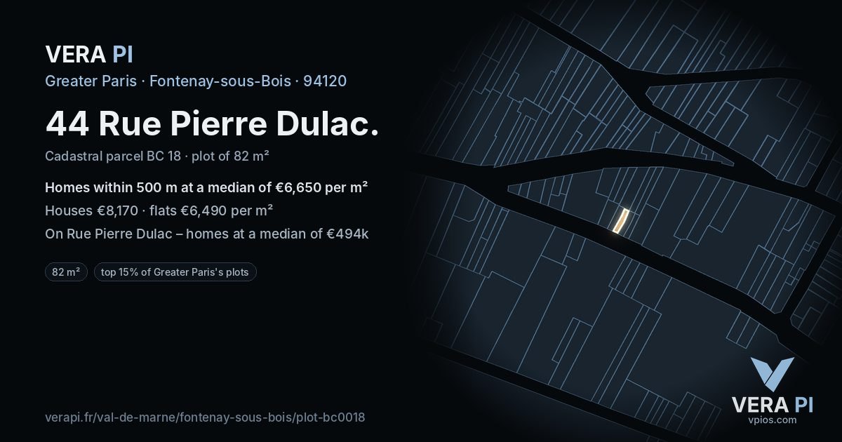44 Rue Pierre Dulac, Fontenay-sous-Bois at night – the plot lit, the parcels around coloured by the prices near them