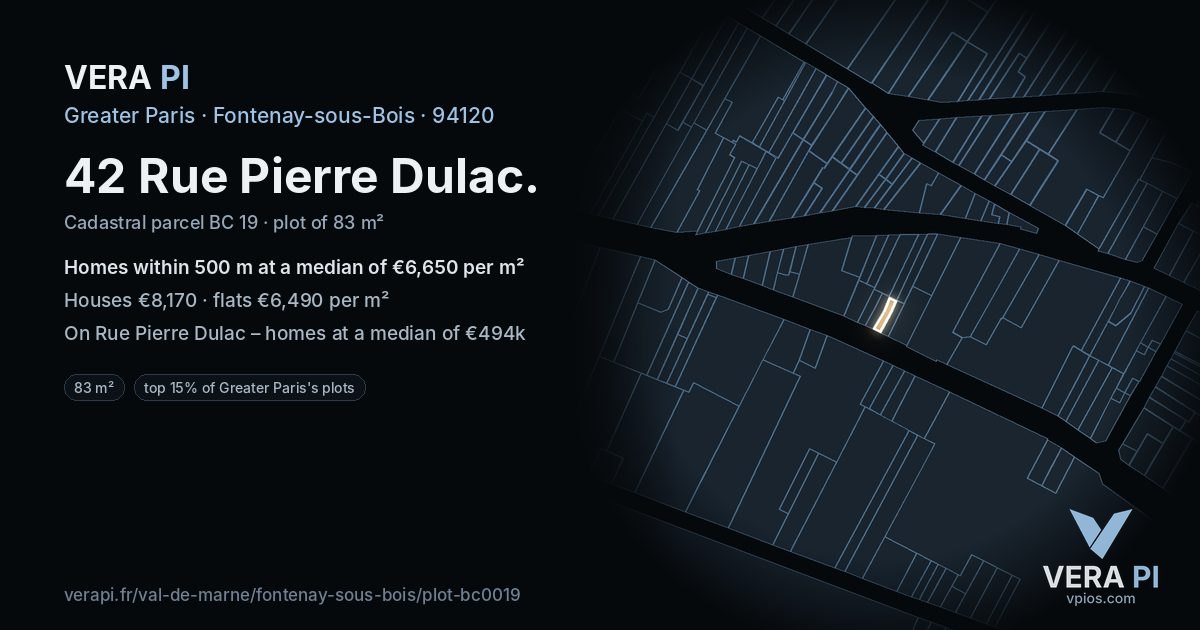 42 Rue Pierre Dulac, Fontenay-sous-Bois at night – the plot lit, the parcels around coloured by the prices near them