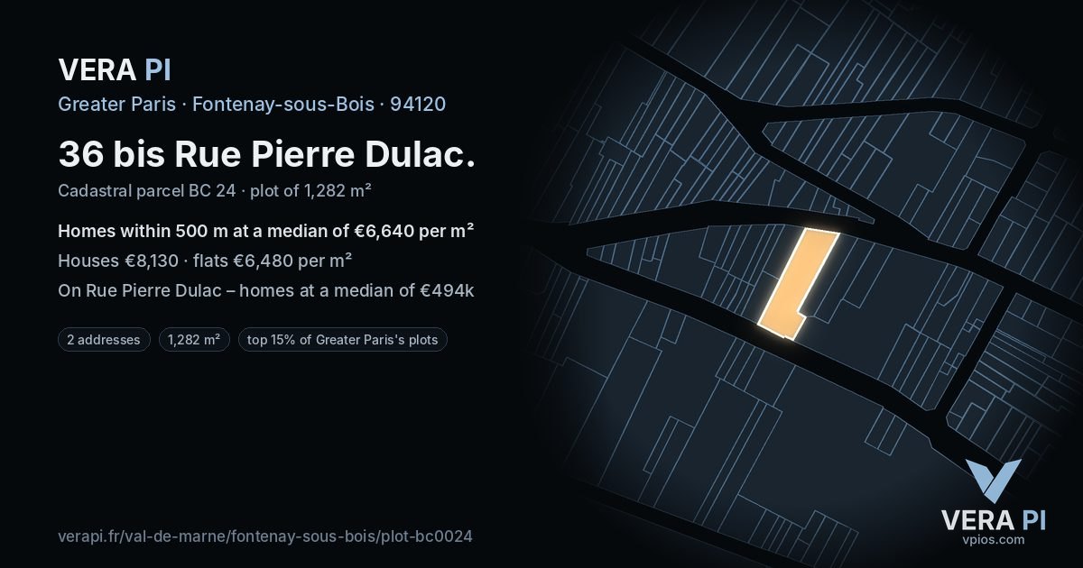 36 bis Rue Pierre Dulac, Fontenay-sous-Bois at night – the plot lit, the parcels around coloured by the prices near them