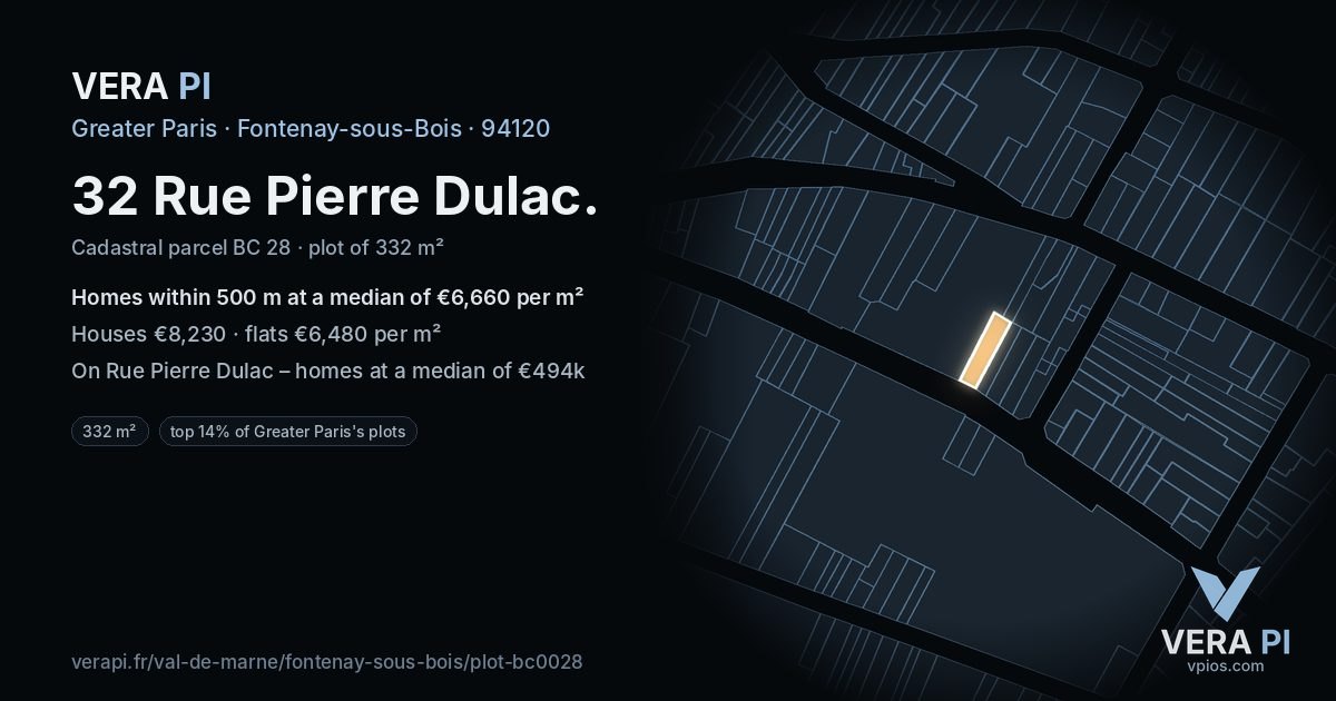32 Rue Pierre Dulac, Fontenay-sous-Bois at night – the plot lit, the parcels around coloured by the prices near them