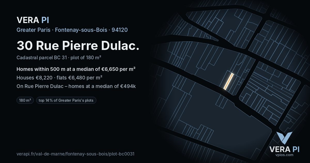 30 Rue Pierre Dulac, Fontenay-sous-Bois at night – the plot lit, the parcels around coloured by the prices near them