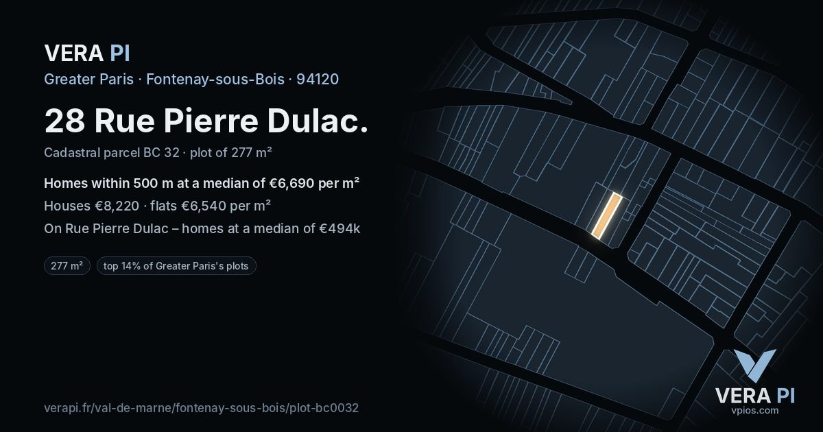 28 Rue Pierre Dulac, Fontenay-sous-Bois at night – the plot lit, the parcels around coloured by the prices near them
