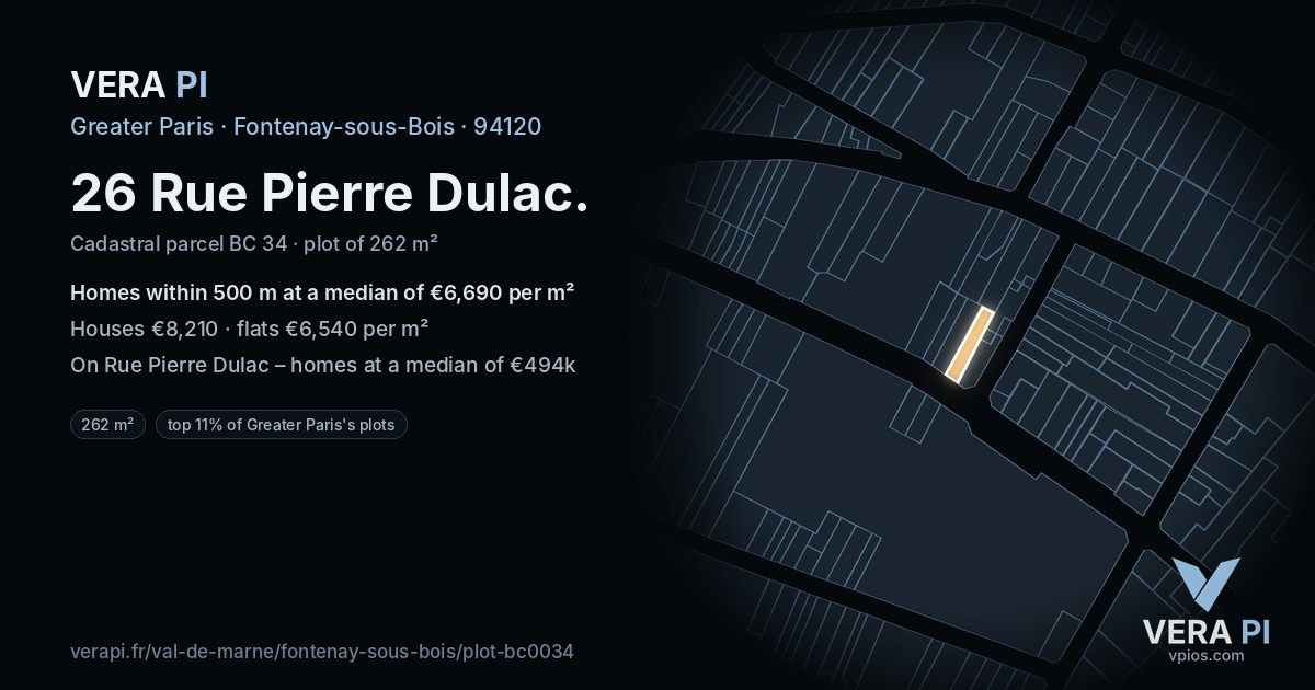 26 Rue Pierre Dulac, Fontenay-sous-Bois at night – the plot lit, the parcels around coloured by the prices near them