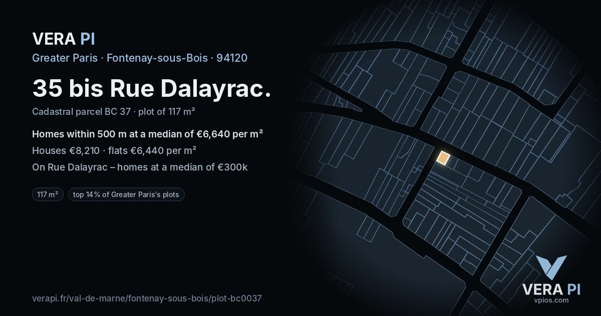35 bis Rue Dalayrac, Fontenay-sous-Bois at night – the plot lit, the parcels around coloured by the prices near them