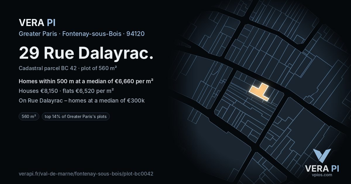 29 Rue Dalayrac, Fontenay-sous-Bois at night – the plot lit, the parcels around coloured by the prices near them