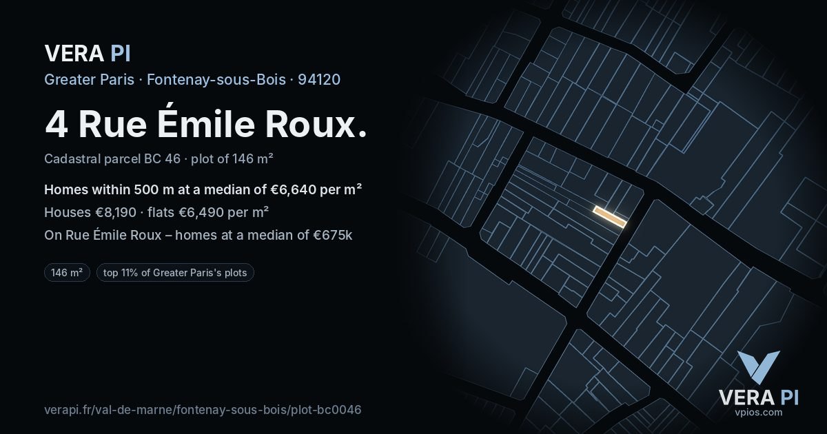 4 Rue Émile Roux, Fontenay-sous-Bois at night – the plot lit, the parcels around coloured by the prices near them