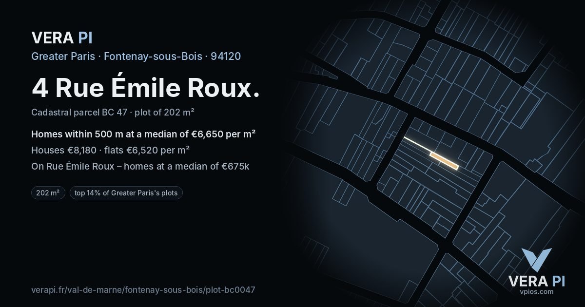 4 Rue Émile Roux, Fontenay-sous-Bois at night – the plot lit, the parcels around coloured by the prices near them