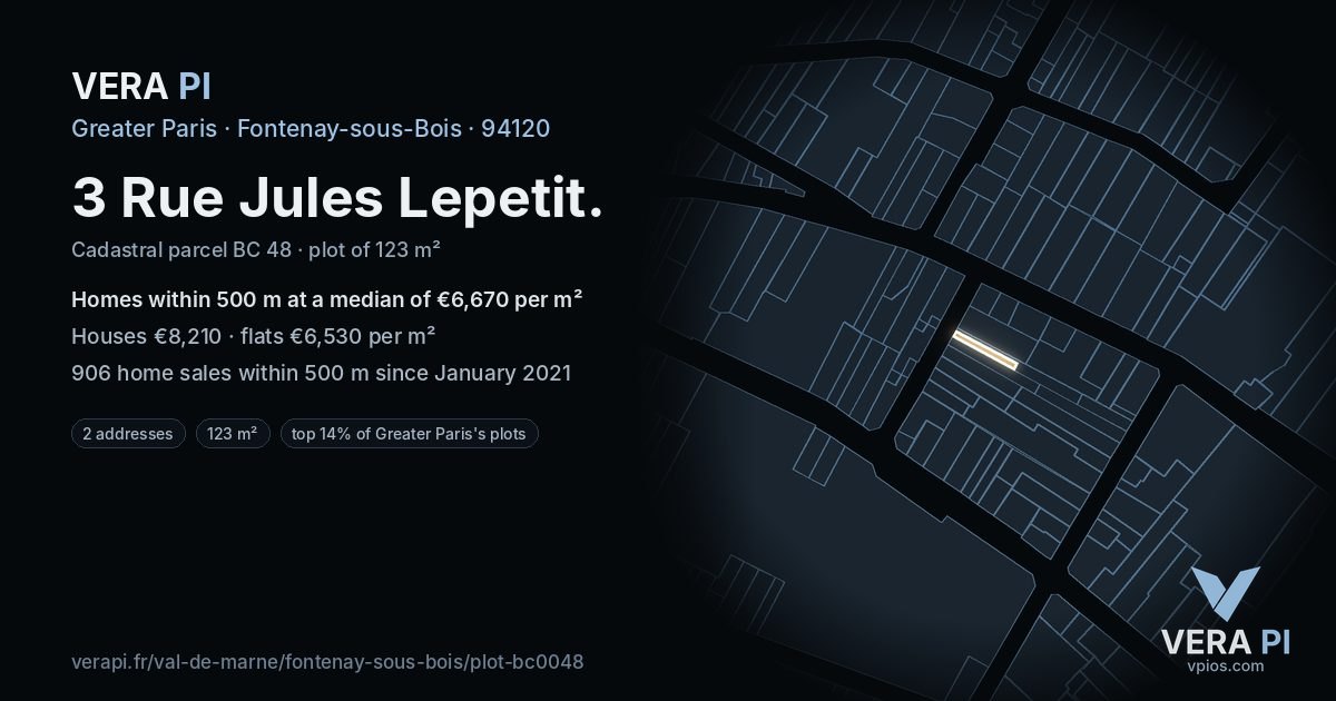 3 Rue Jules Lepetit, Fontenay-sous-Bois at night – the plot lit, the parcels around coloured by the prices near them
