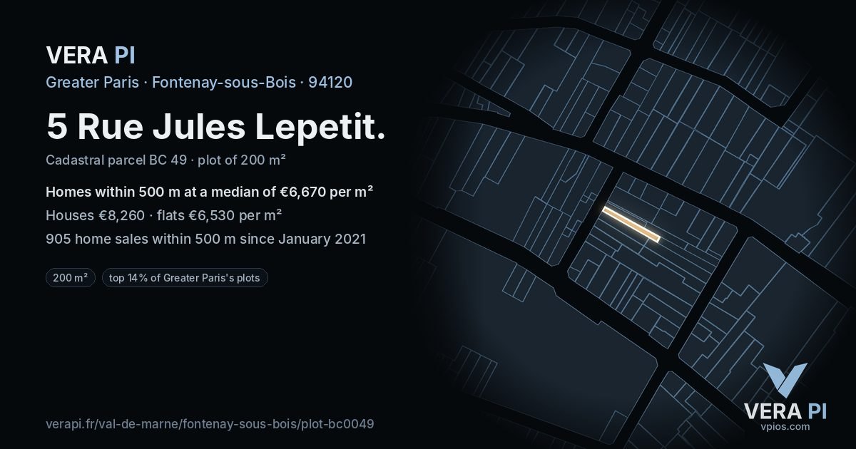 5 Rue Jules Lepetit, Fontenay-sous-Bois at night – the plot lit, the parcels around coloured by the prices near them