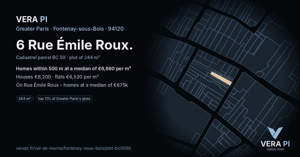 6 Rue Émile Roux, Fontenay-sous-Bois at night – the plot lit, the parcels around coloured by the prices near them