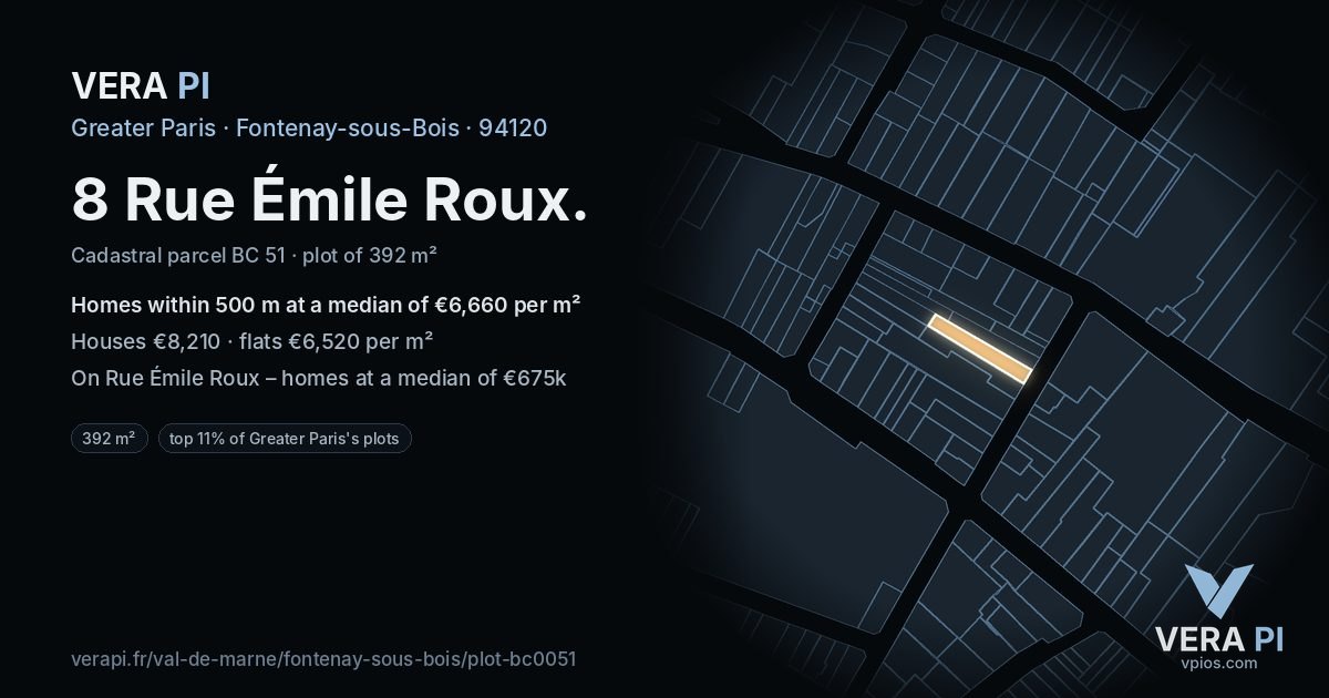 8 Rue Émile Roux, Fontenay-sous-Bois at night – the plot lit, the parcels around coloured by the prices near them