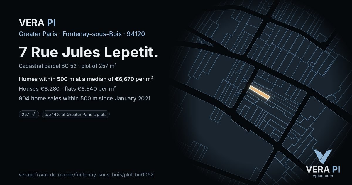 7 Rue Jules Lepetit, Fontenay-sous-Bois at night – the plot lit, the parcels around coloured by the prices near them
