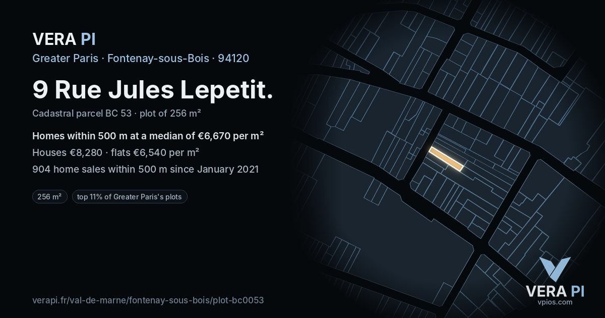 9 Rue Jules Lepetit, Fontenay-sous-Bois at night – the plot lit, the parcels around coloured by the prices near them