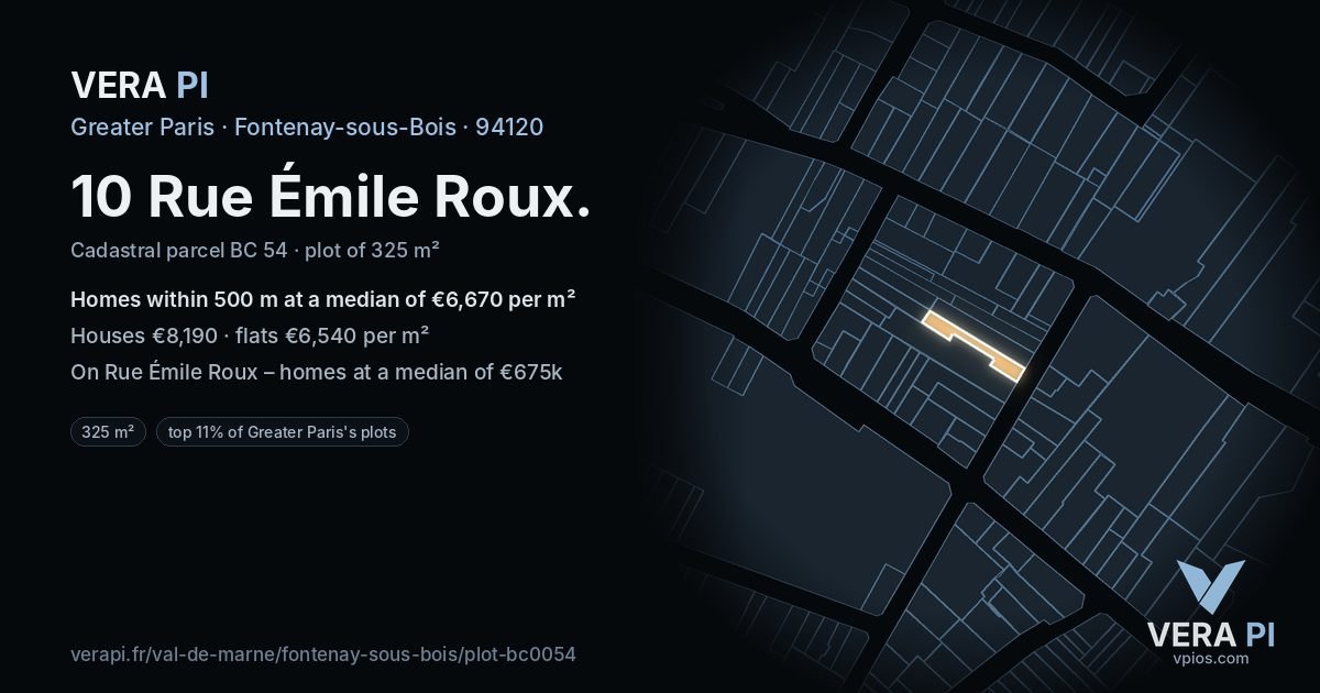 10 Rue Émile Roux, Fontenay-sous-Bois at night – the plot lit, the parcels around coloured by the prices near them
