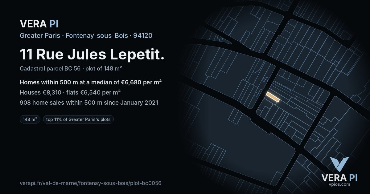 11 Rue Jules Lepetit, Fontenay-sous-Bois at night – the plot lit, the parcels around coloured by the prices near them