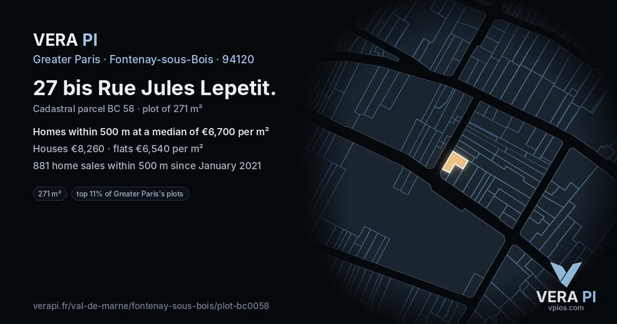 27 bis Rue Jules Lepetit, Fontenay-sous-Bois at night – the plot lit, the parcels around coloured by the prices near them