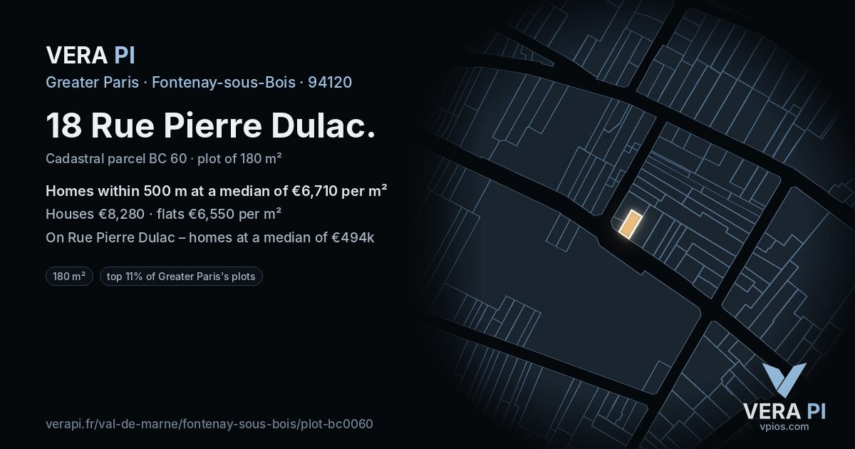 18 Rue Pierre Dulac, Fontenay-sous-Bois at night – the plot lit, the parcels around coloured by the prices near them