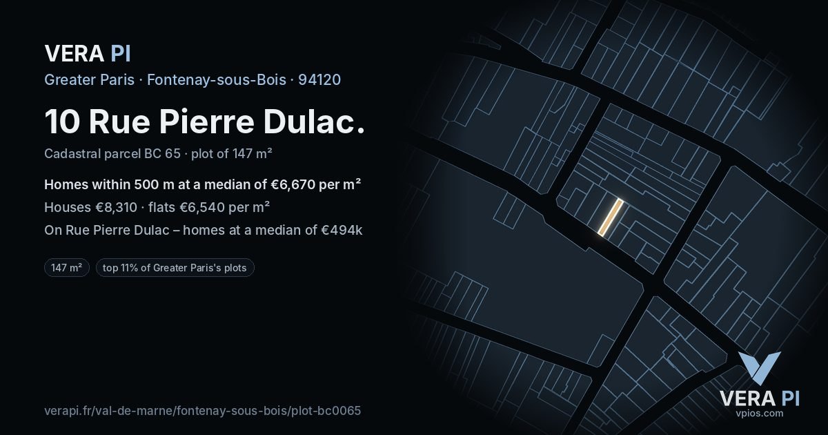 10 Rue Pierre Dulac, Fontenay-sous-Bois at night – the plot lit, the parcels around coloured by the prices near them