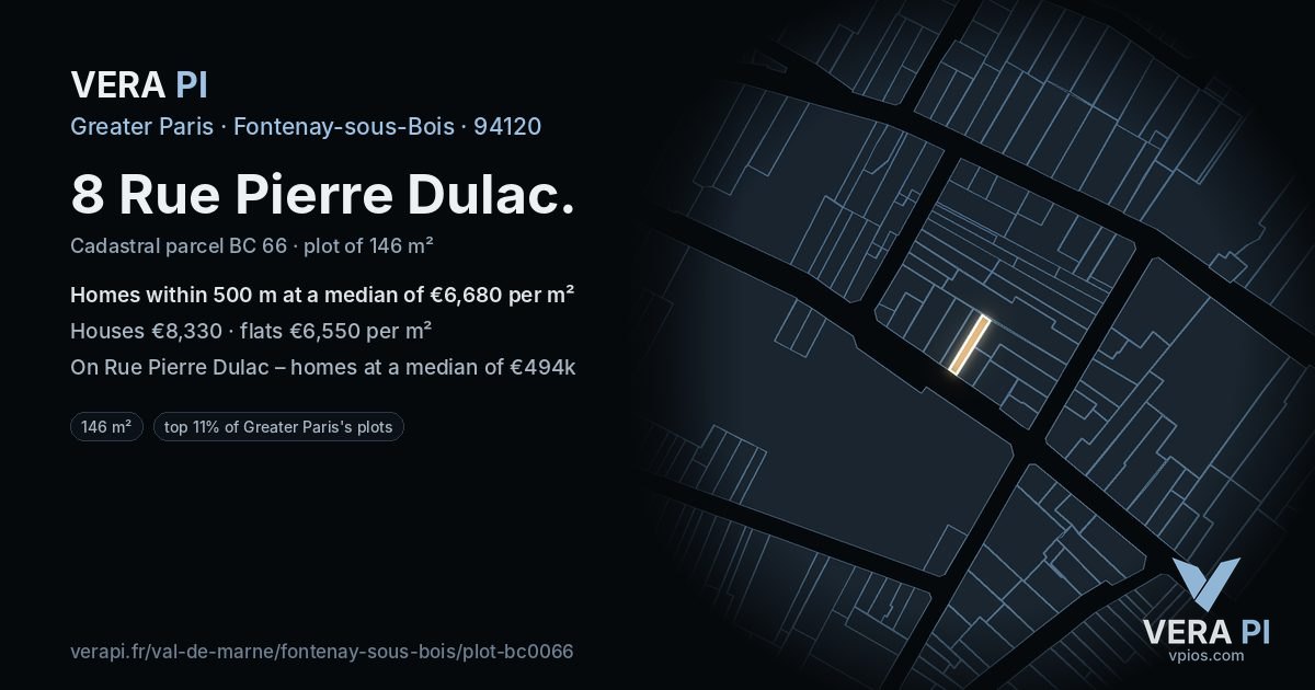 8 Rue Pierre Dulac, Fontenay-sous-Bois at night – the plot lit, the parcels around coloured by the prices near them