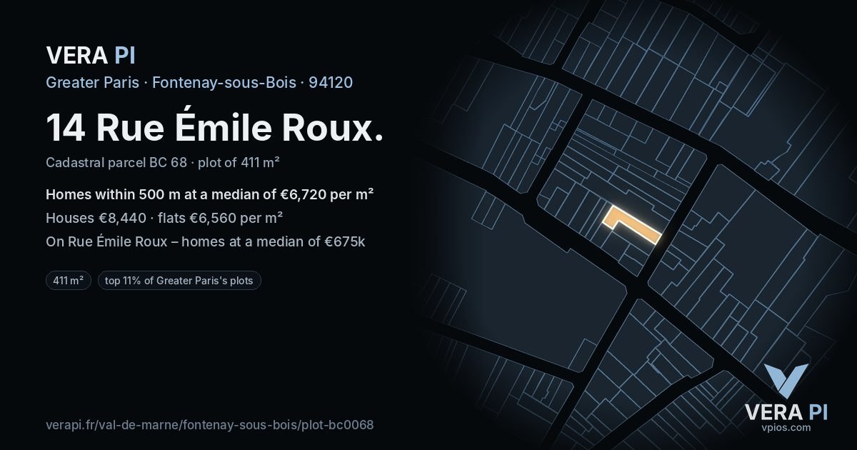 14 Rue Émile Roux, Fontenay-sous-Bois at night – the plot lit, the parcels around coloured by the prices near them