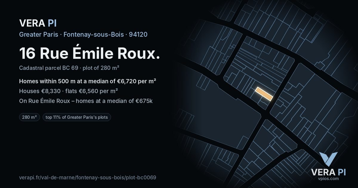 16 Rue Émile Roux, Fontenay-sous-Bois at night – the plot lit, the parcels around coloured by the prices near them