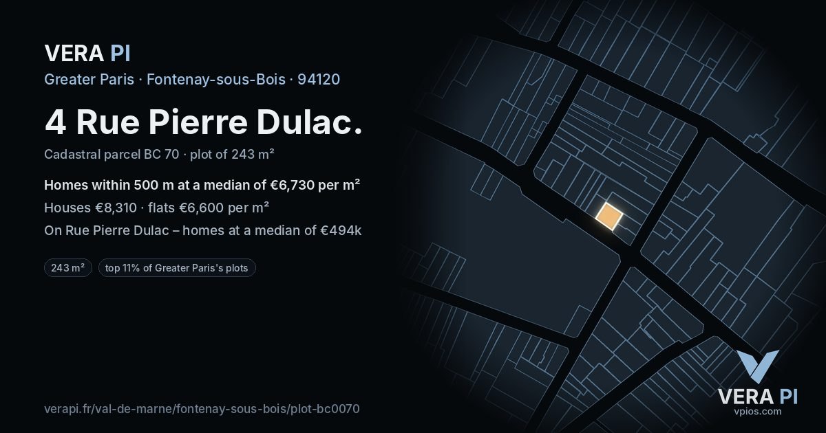4 Rue Pierre Dulac, Fontenay-sous-Bois at night – the plot lit, the parcels around coloured by the prices near them