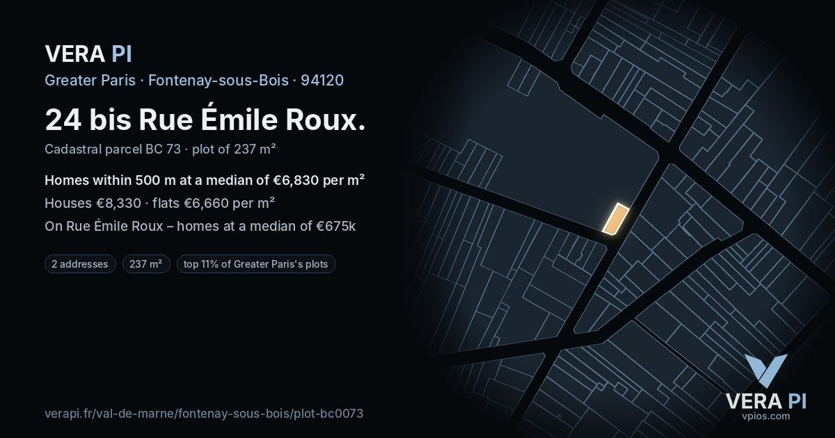 24 bis Rue Émile Roux, Fontenay-sous-Bois at night – the plot lit, the parcels around coloured by the prices near them