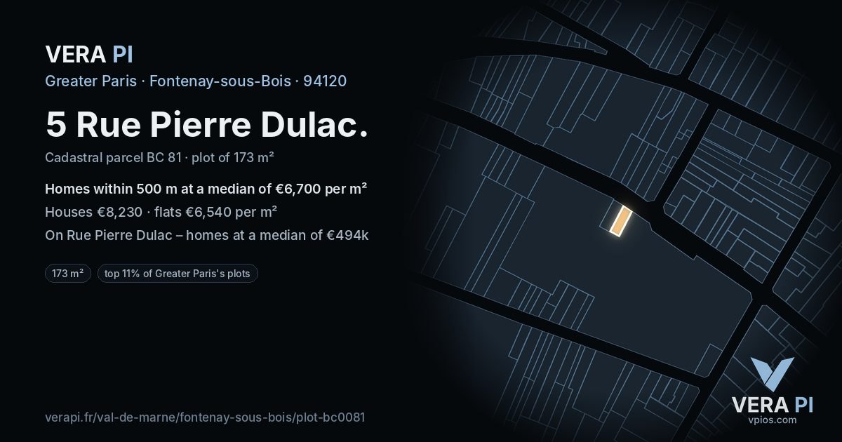 5 Rue Pierre Dulac, Fontenay-sous-Bois at night – the plot lit, the parcels around coloured by the prices near them
