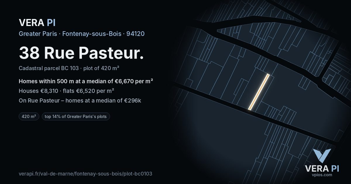 38 Rue Pasteur, Fontenay-sous-Bois at night – the plot lit, the parcels around coloured by the prices near them
